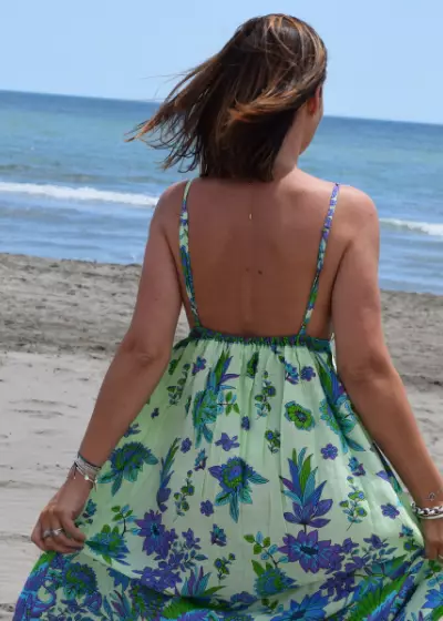 Bohosita : robe legère bohème V Back Sand Coachella fleurie verte