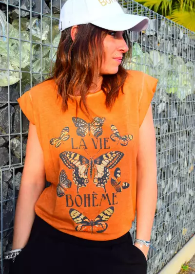 Bohosita : tee-shirt tendance bohème Slika Cream imprimé orange