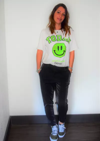 Bohosita : tee-shirt blanc tendance bohème Smiley imprimé vert