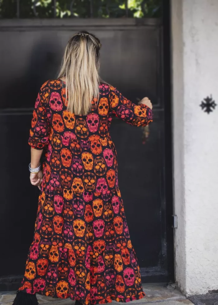 Bohosita : robe longue tendance bohème femme Red Skull Banditas from Marseille imprimée rouge
